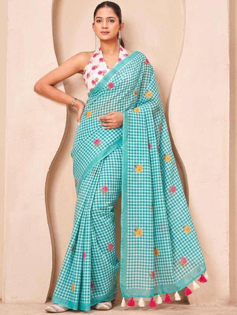 women checkered printed saree with blouse