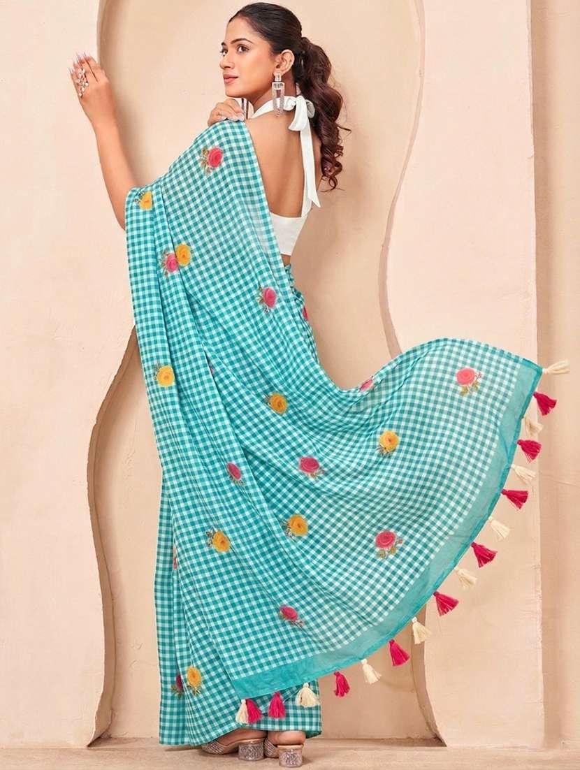 women checkered printed saree with blouse - 22576592 -  Standard Image - 3