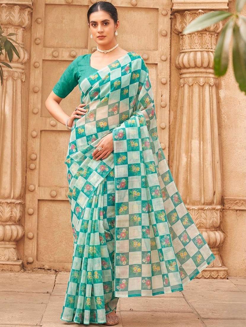 turquoise cotton blend printed saree with blouse