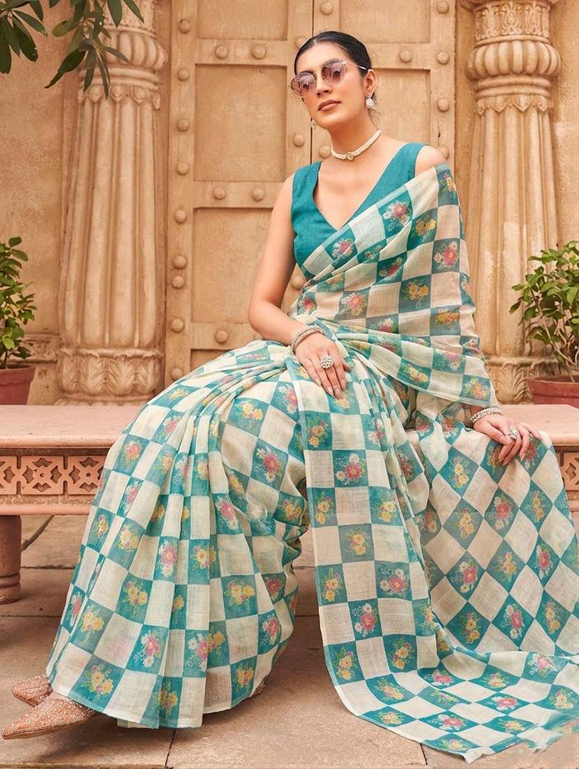 turquoise cotton blend printed saree with blouse - 22576599 -  Standard Image - 3