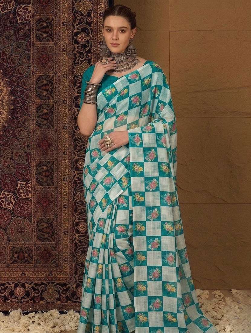 turquoise cotton blend printed saree with blouse