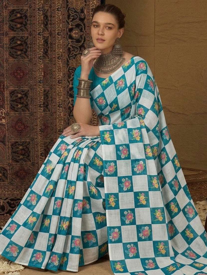turquoise cotton blend printed saree with blouse - 22576607 -  Standard Image - 3