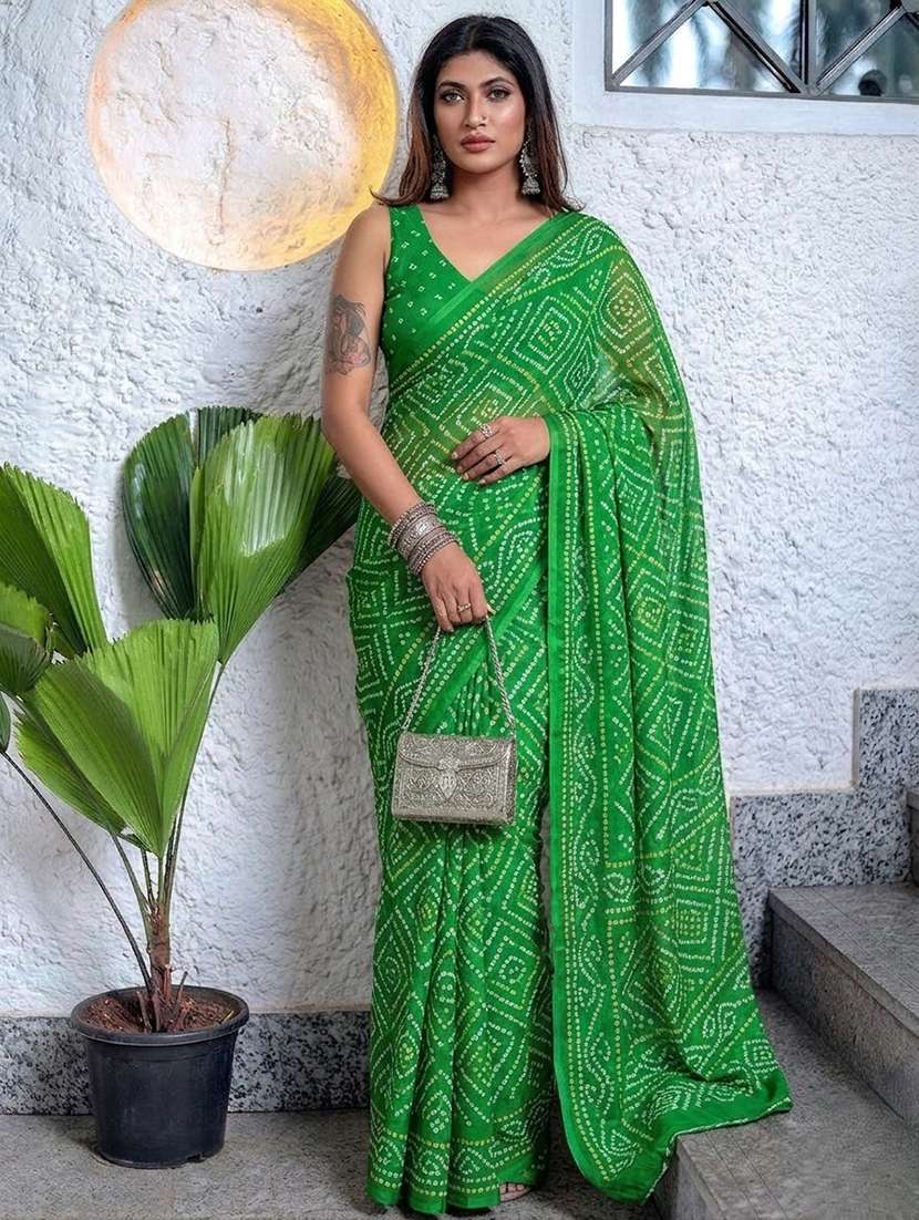 women bandhani printed saree with blouse