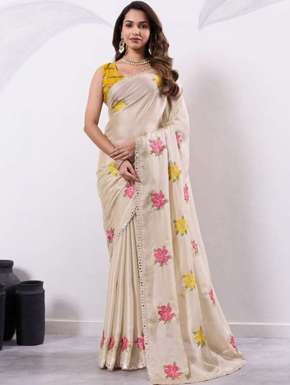 women solid with work embroidered saree with blouse