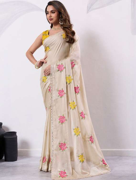Women Solid With Work Embroidered Saree With Blouse - 22576750 -  Standard Image - 3
