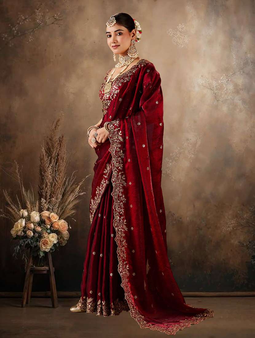 women solid with work embroidered saree with blouse