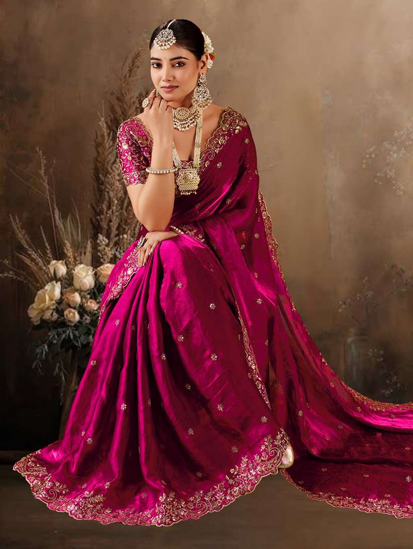 women solid with work embroidered saree with blouse - 22576768 -  Standard Image - 3