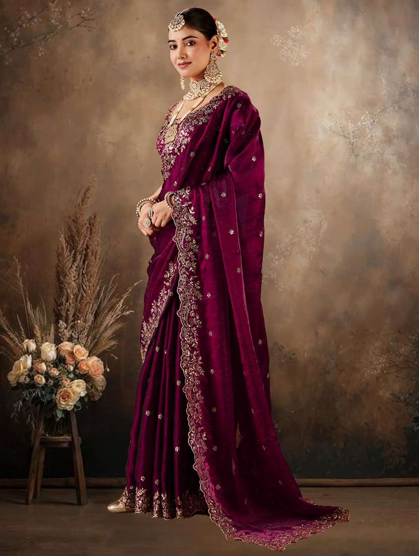 women solid with work embroidered saree with blouse
