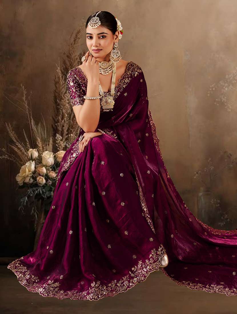 Women Solid With Work Embroidered Saree With Blouse - 22576770 -  Standard Image - 3