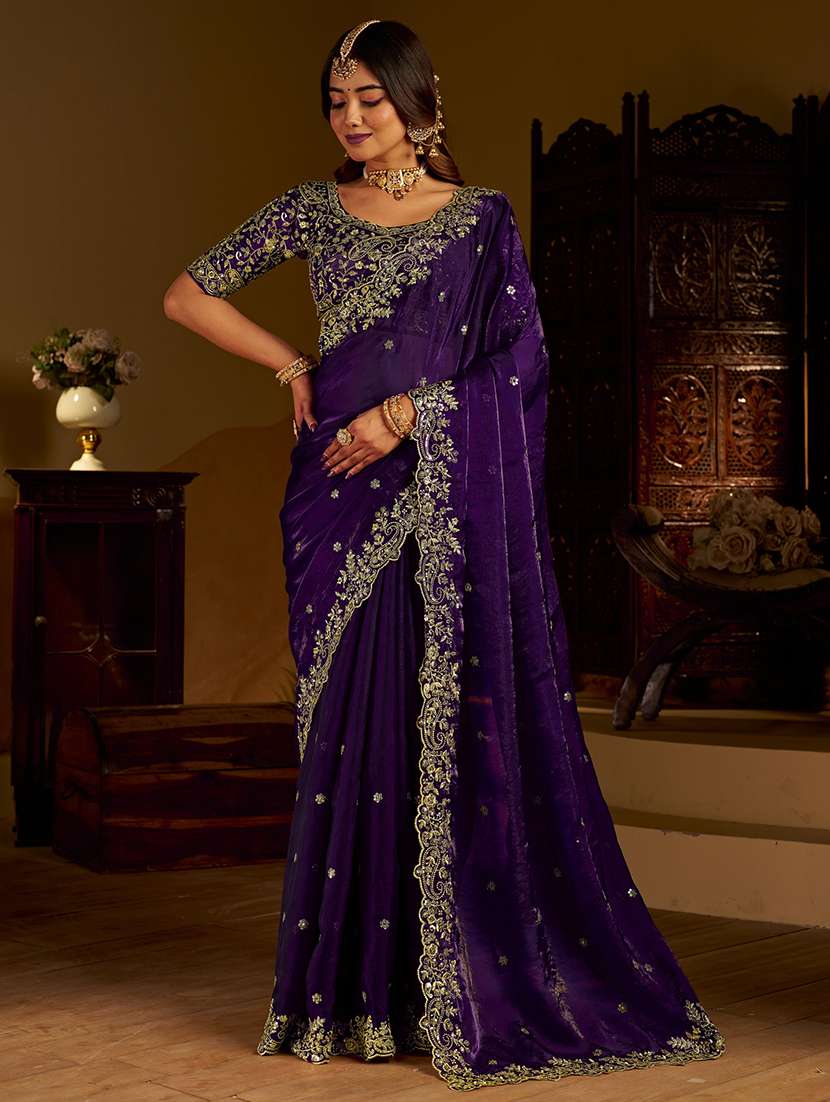 women solid with work embroidered saree with blouse