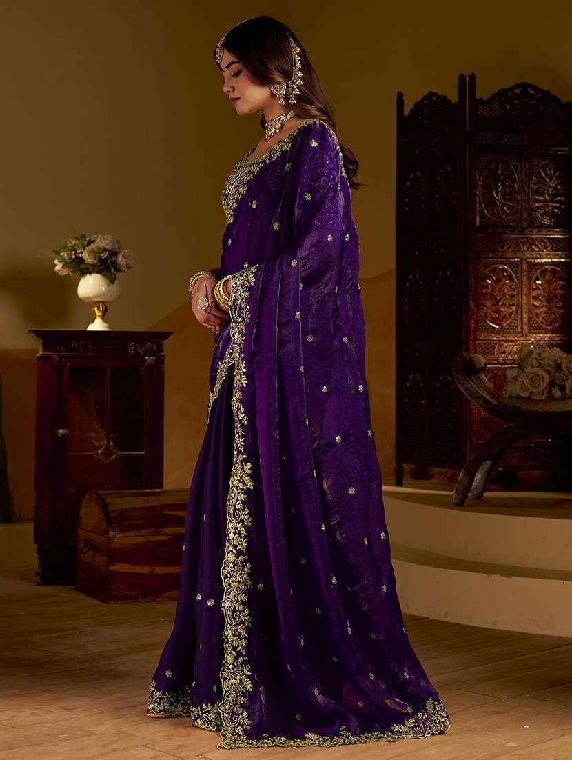 women solid with work embroidered saree with blouse - 22576772 -  Standard Image - 3