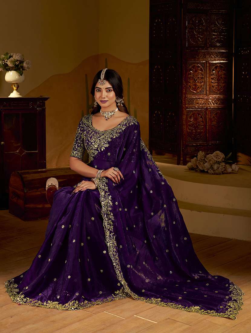 women solid with work embroidered saree with blouse - 22576772 -  Standard Image - 5