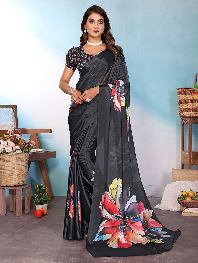 black silk blend printed saree with blouse