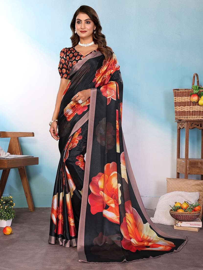 orange silk blend printed saree with blouse