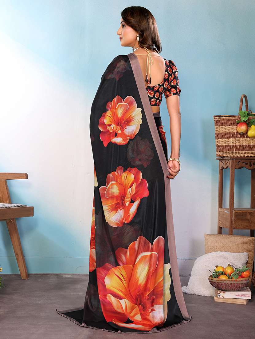 orange silk blend printed saree with blouse - 22576865 -  Standard Image - 3