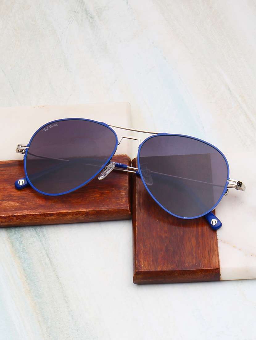 ted smith unisex aviator silver-blue-grey graded metal sunglasses with polarised lens