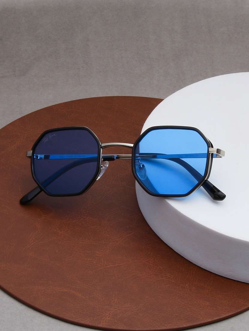 ted smith unisex hexagon silver-black-blue metal sunglasses with polarised lens