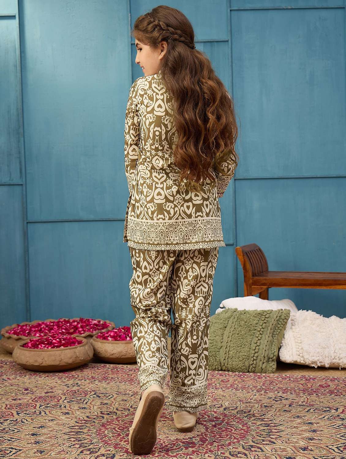 girls printed three quarter sleeves top and trouser co-ord set - 22576940 -  Standard Image - 3