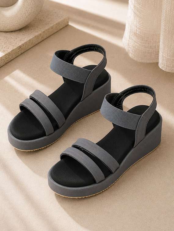 women solid ankle strap wedges