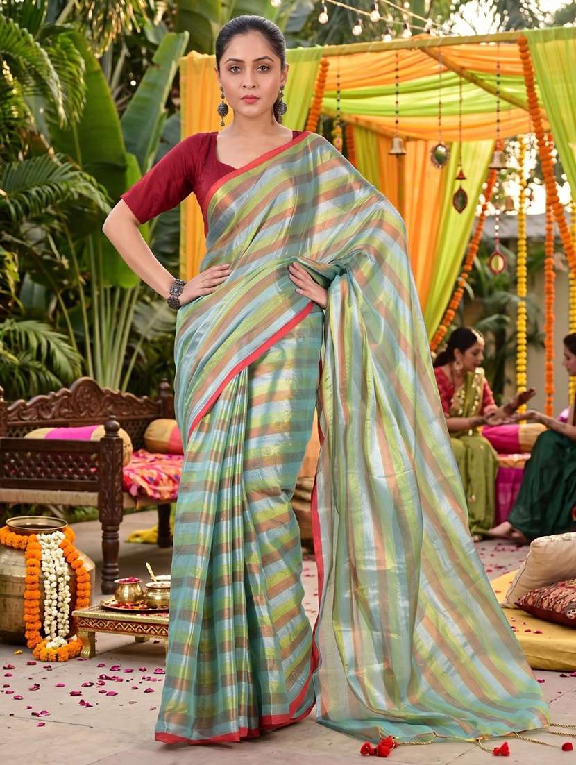 women striped printed saree with blouse