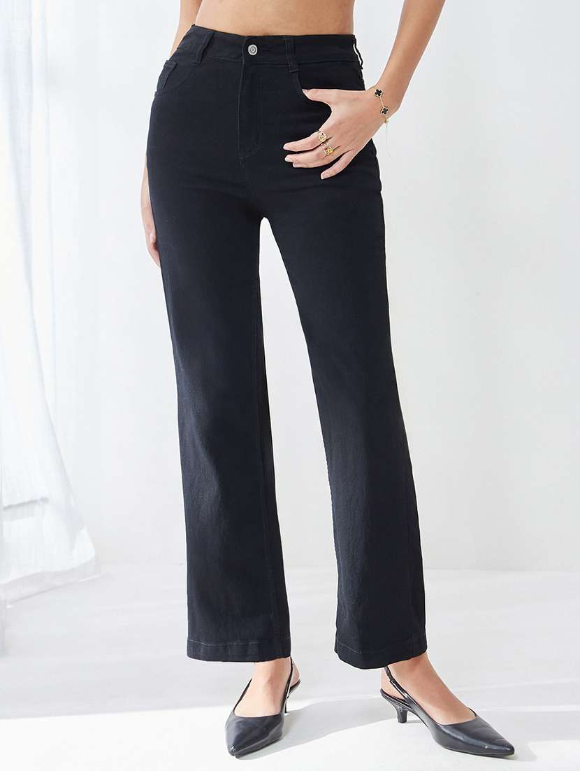 women solid high rise straight jeans