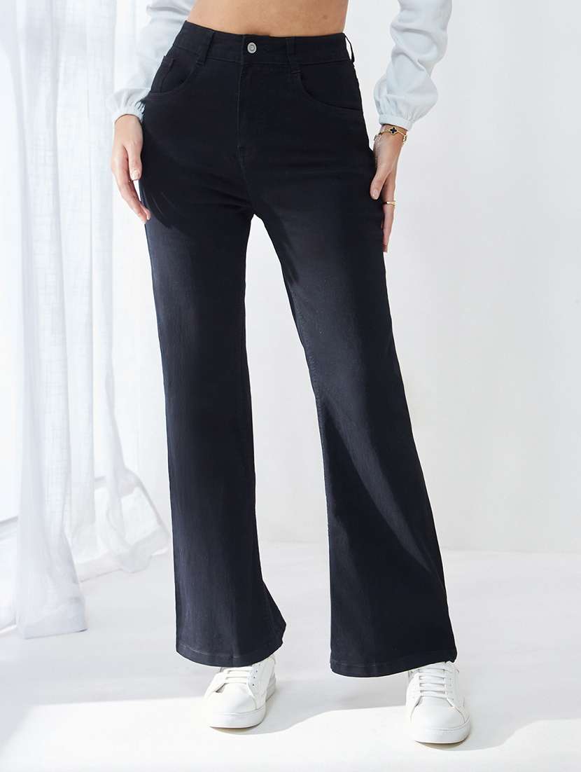 women solid high rise bootcut jeans