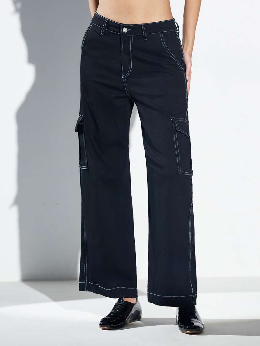 women solid high rise cargo jeans