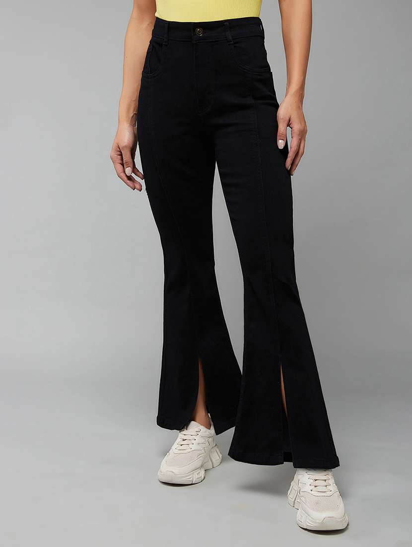 women solid high rise bootcut jeans