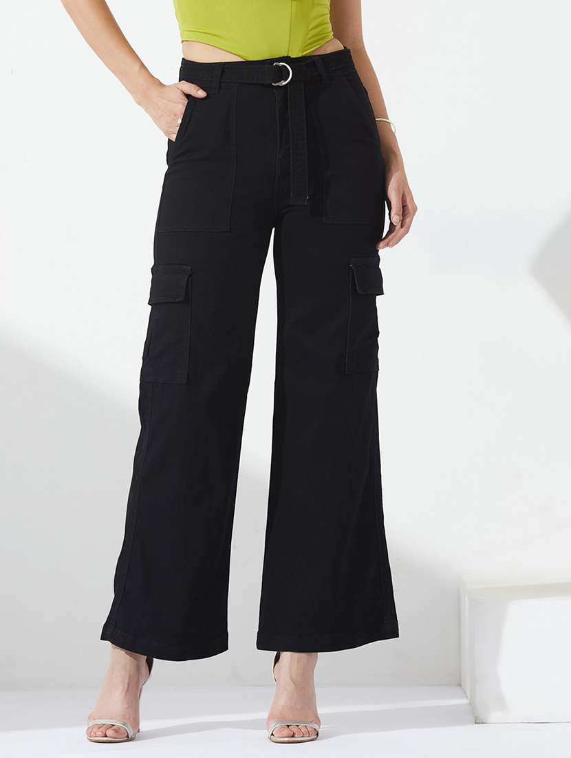 women solid high rise cargo jeans