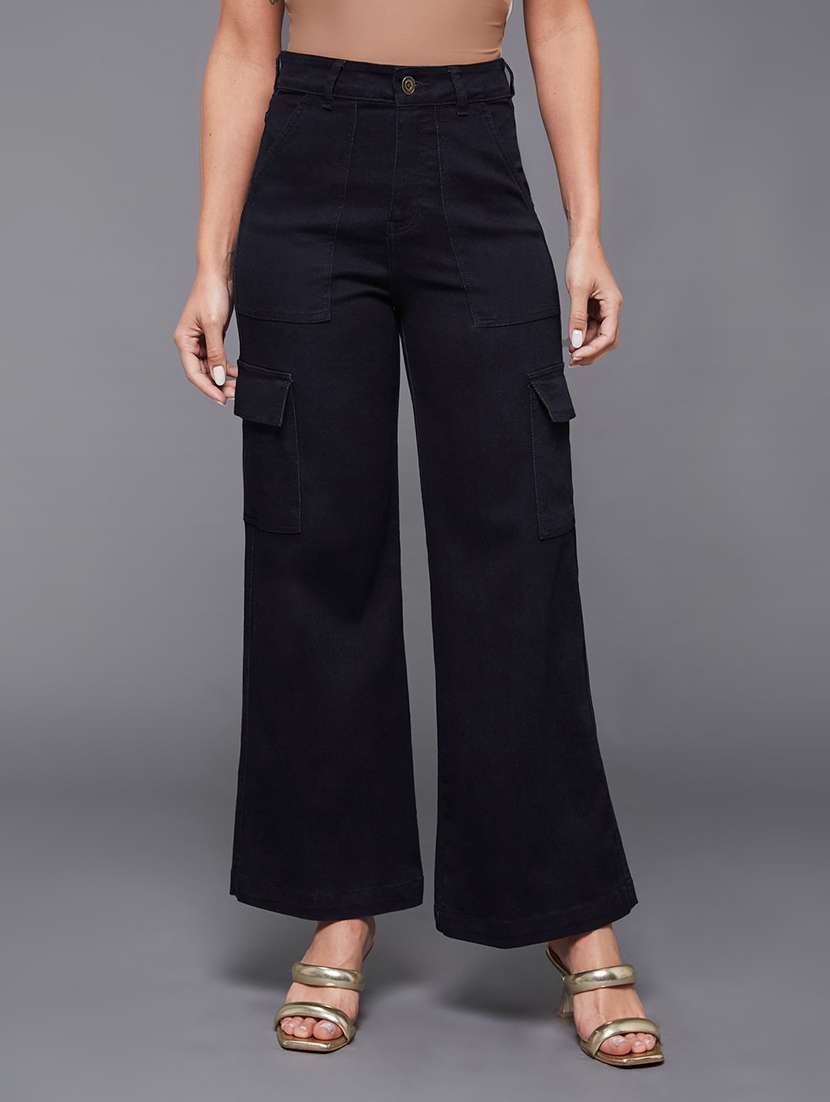 women solid high rise cargo jeans