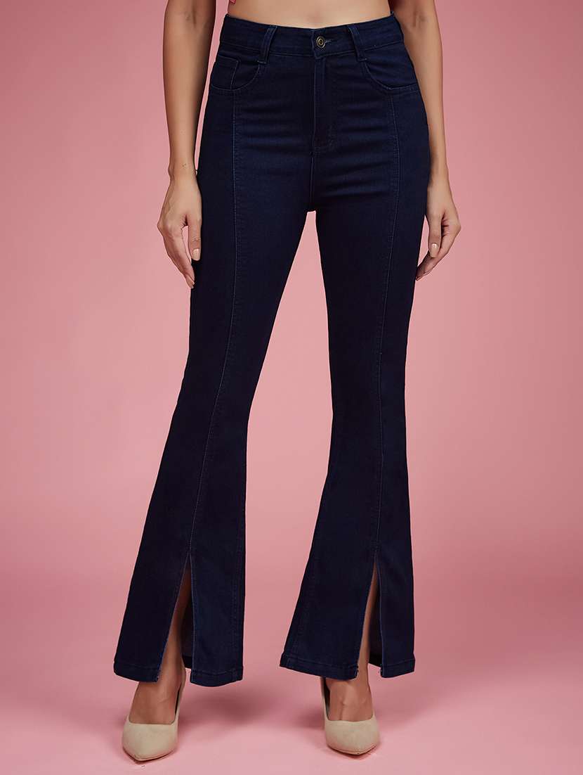 women solid high rise bootcut jeans