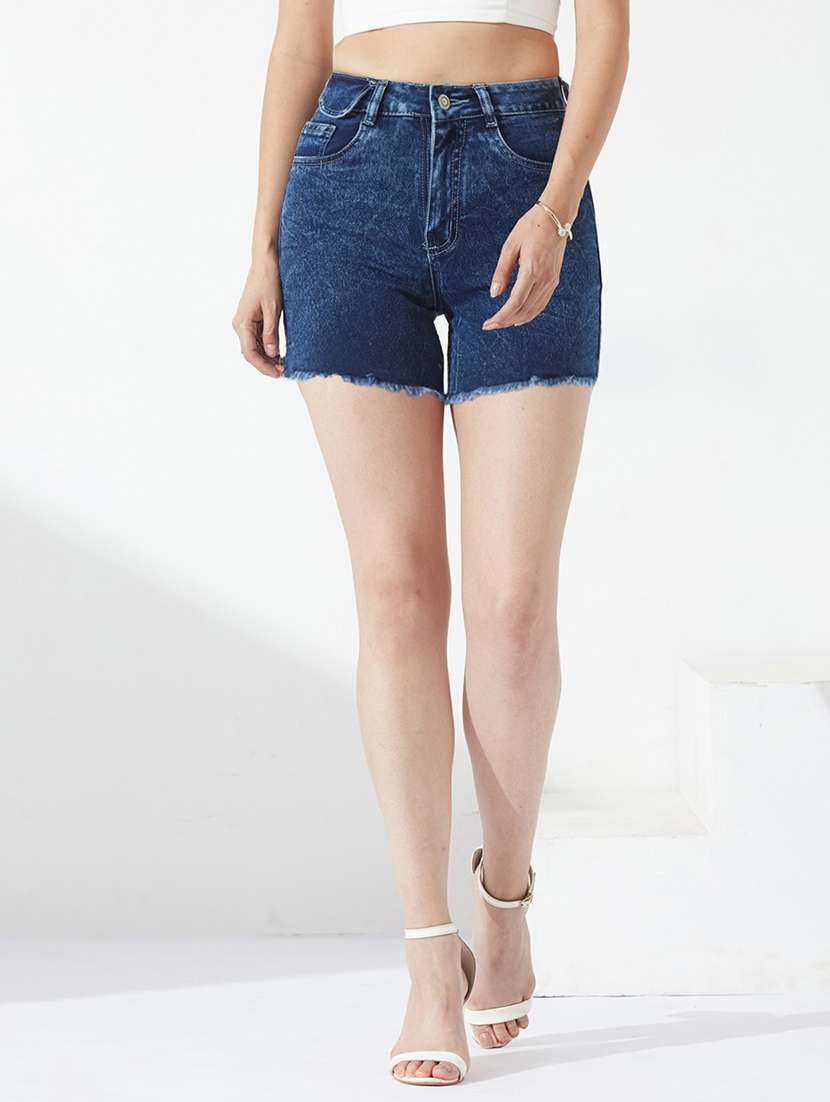 women washed high rise denim shorts