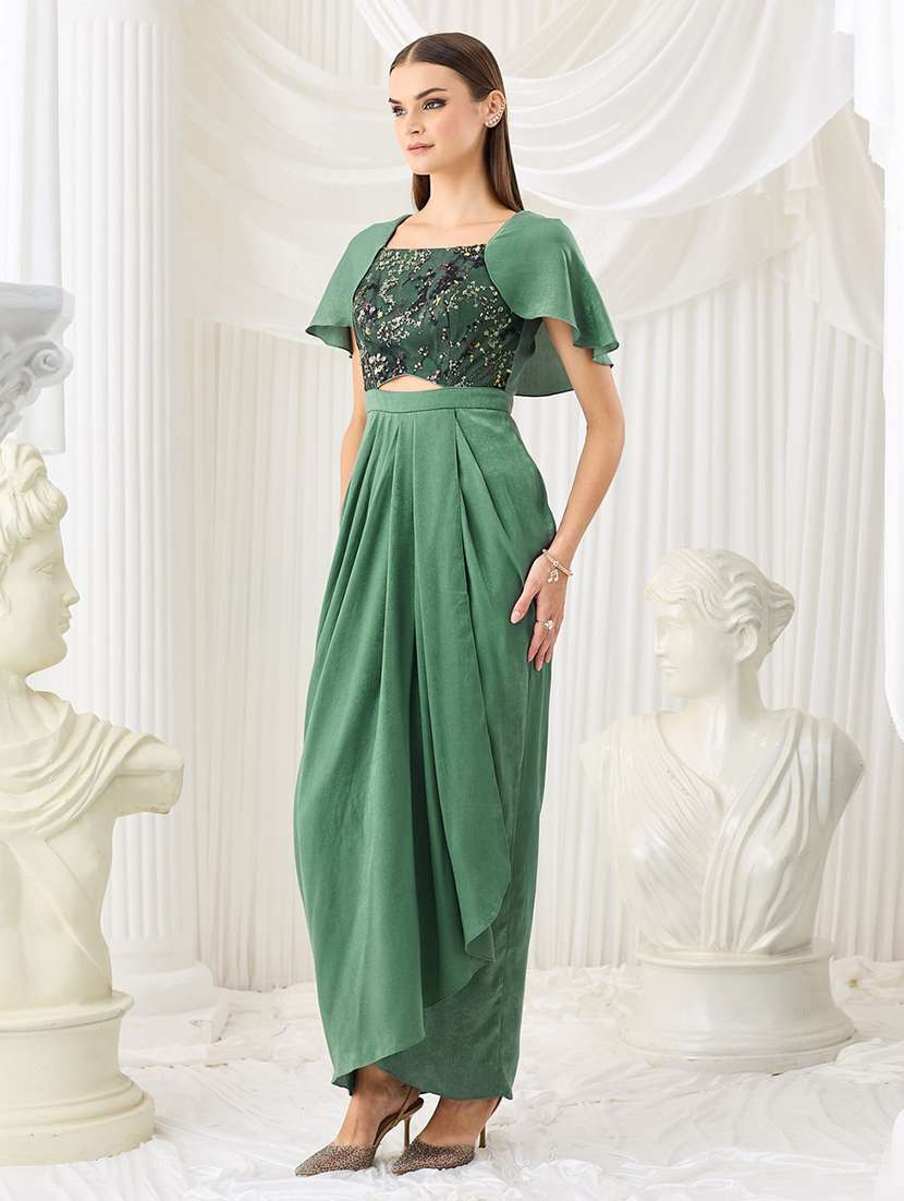 Women Embroidered Cape Sleeves Asymmetric Dress - 22577116 -  Standard Image - 3