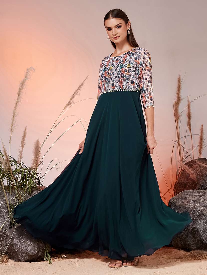 women printed three quarter sleeves fit and flare gown