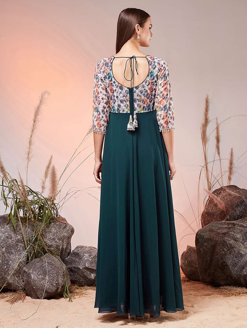 women printed three quarter sleeves fit and flare gown - 22577126 -  Standard Image - 3