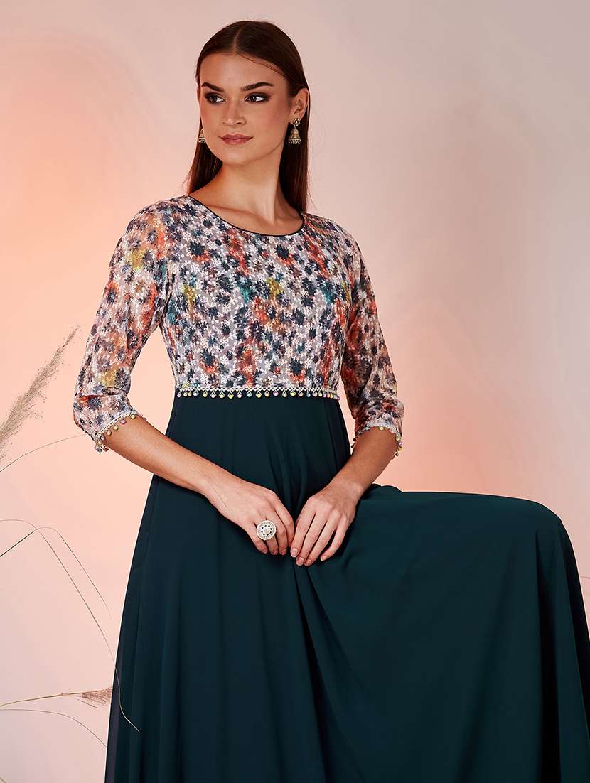women printed three quarter sleeves fit and flare gown - 22577126 -  Standard Image - 5