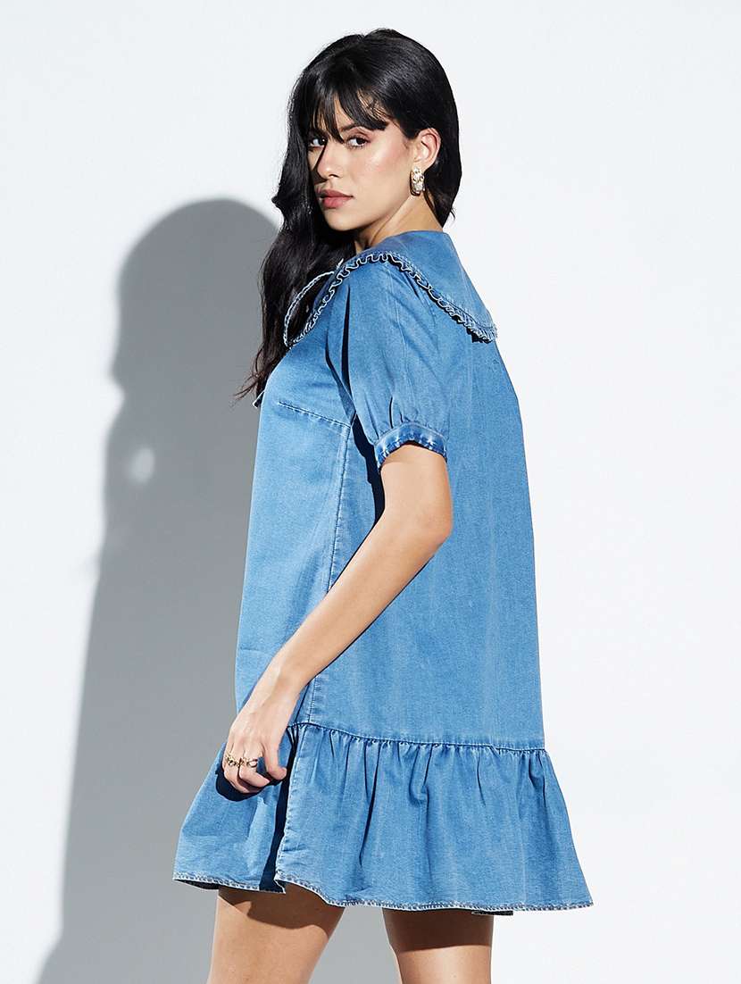 Women Solid Puff Sleeves Tiered Dress - 22577182 -  Standard Image - 3