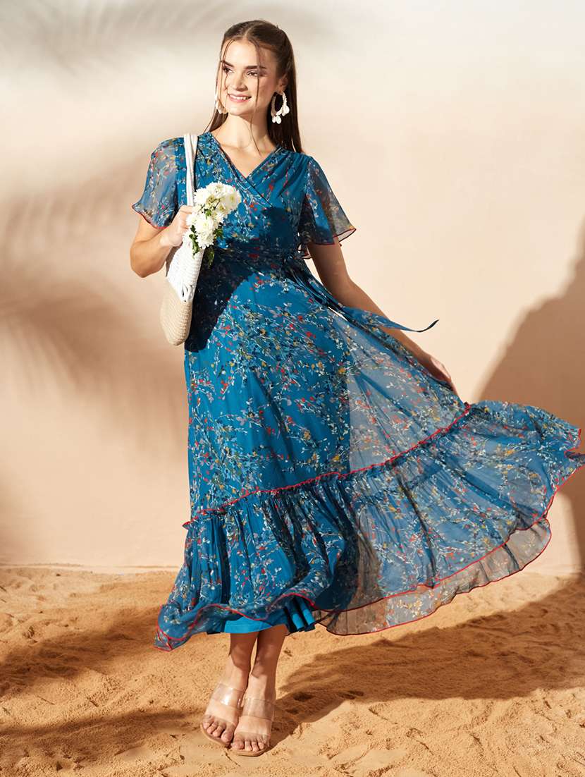 women printed flared sleeves tiered dress