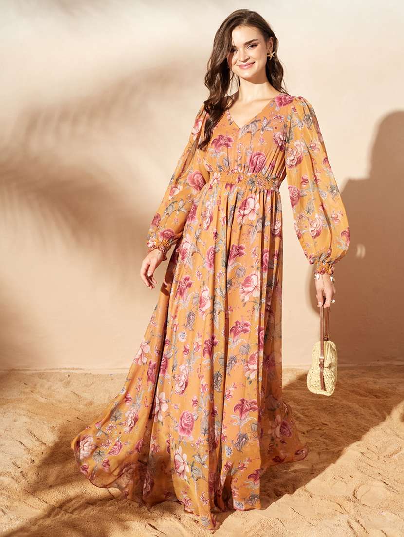 women printed bishop sleeves fit and flare dress