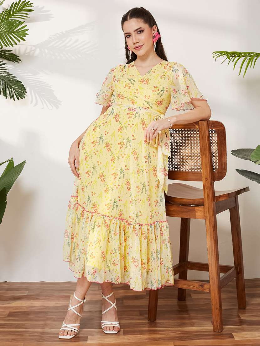 women printed flared sleeves tiered dress