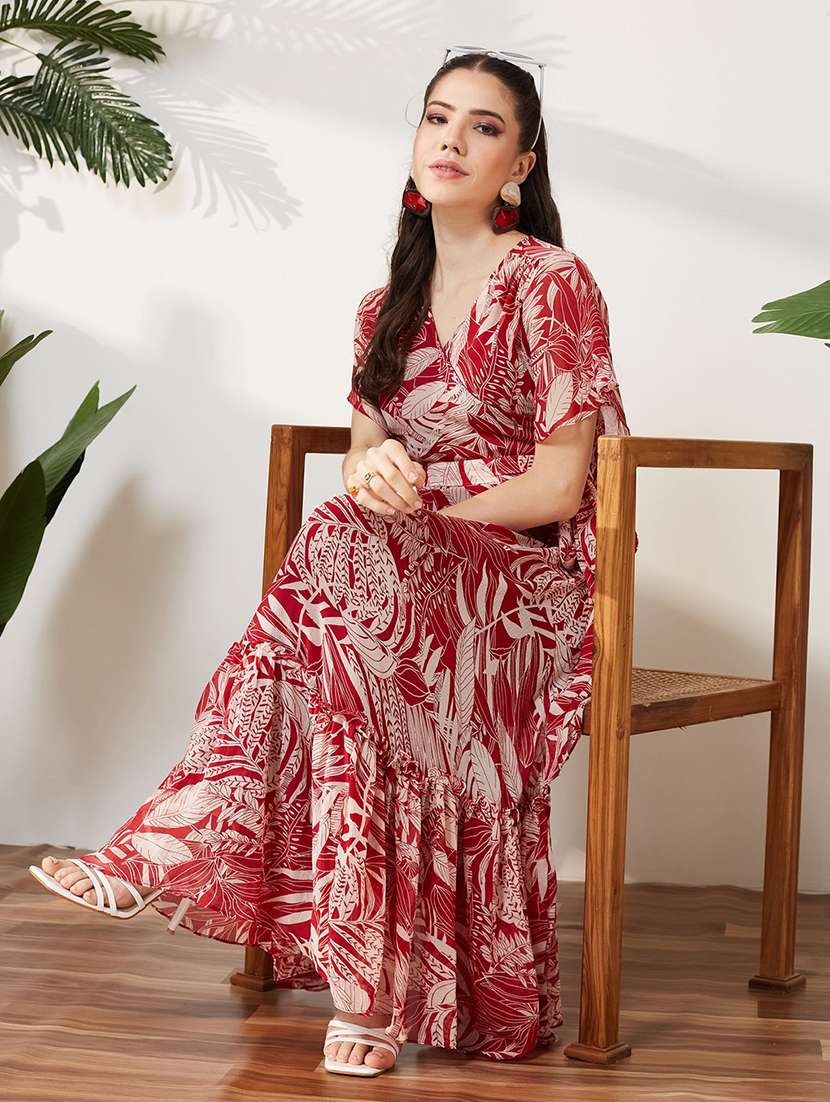 women printed short sleeves tiered dress