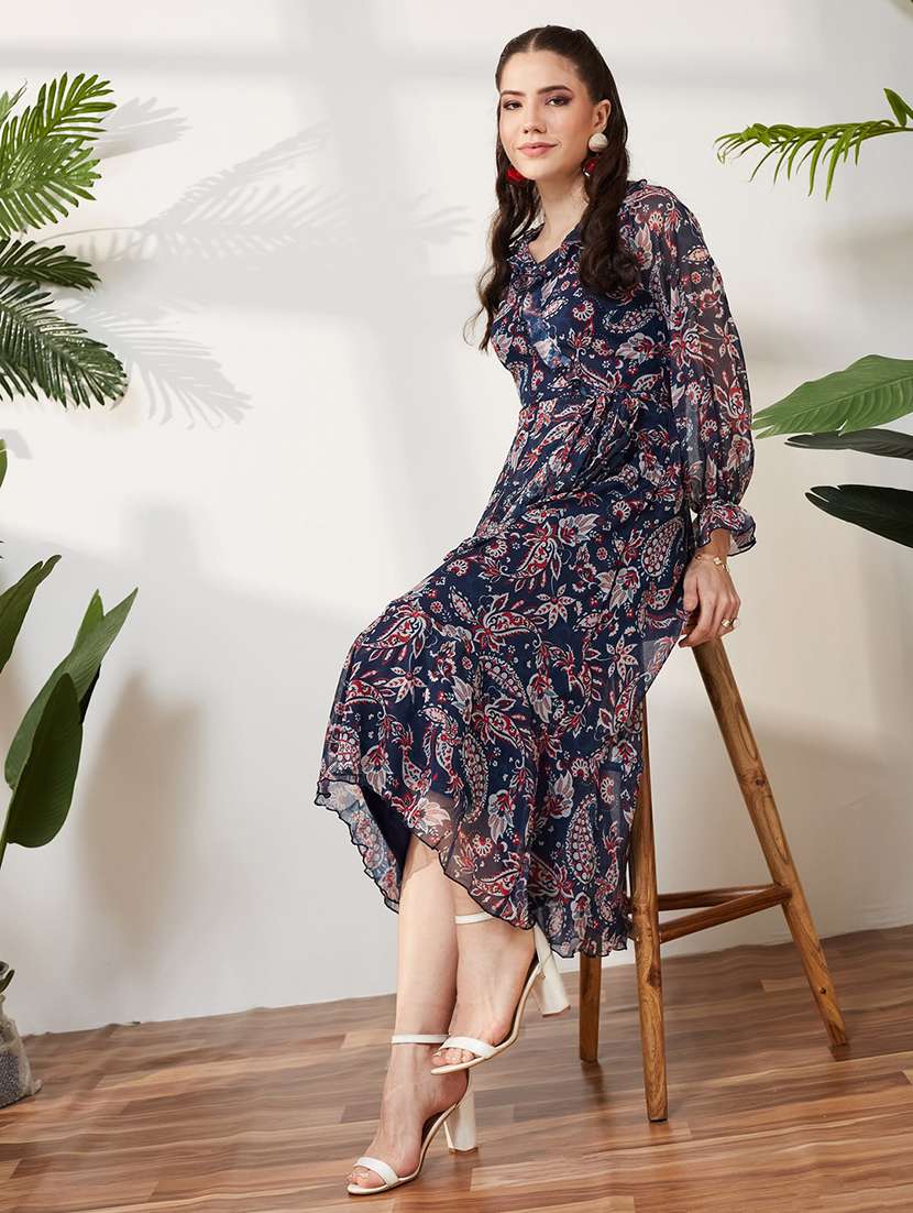 women printed long sleeves wrap dress