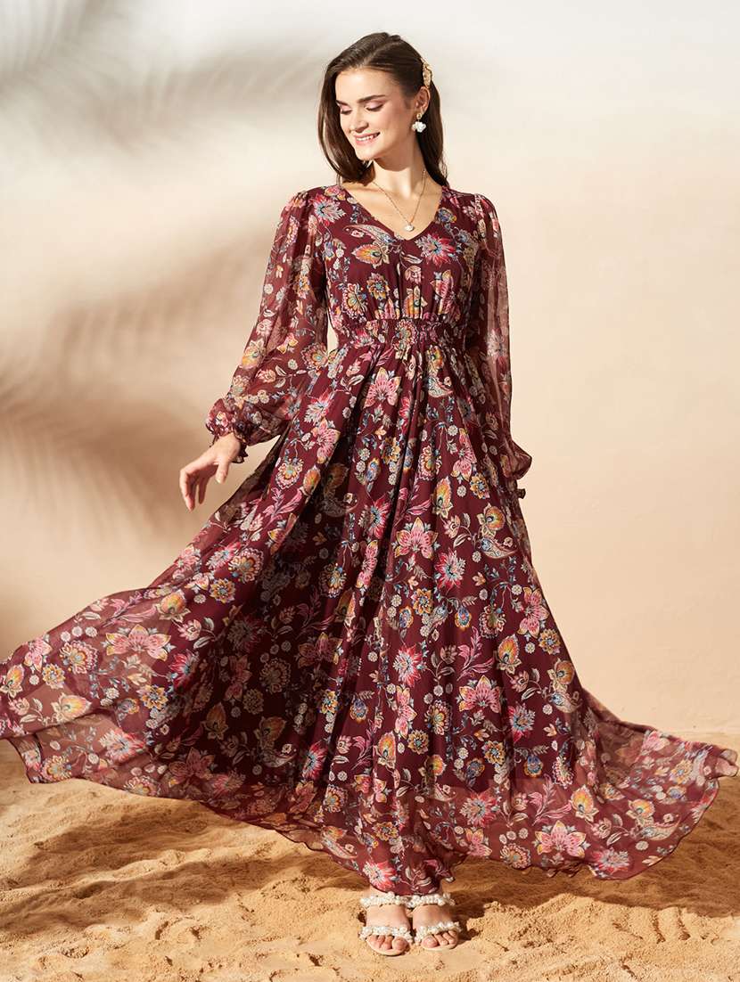 women printed long sleeves fit and flare dress