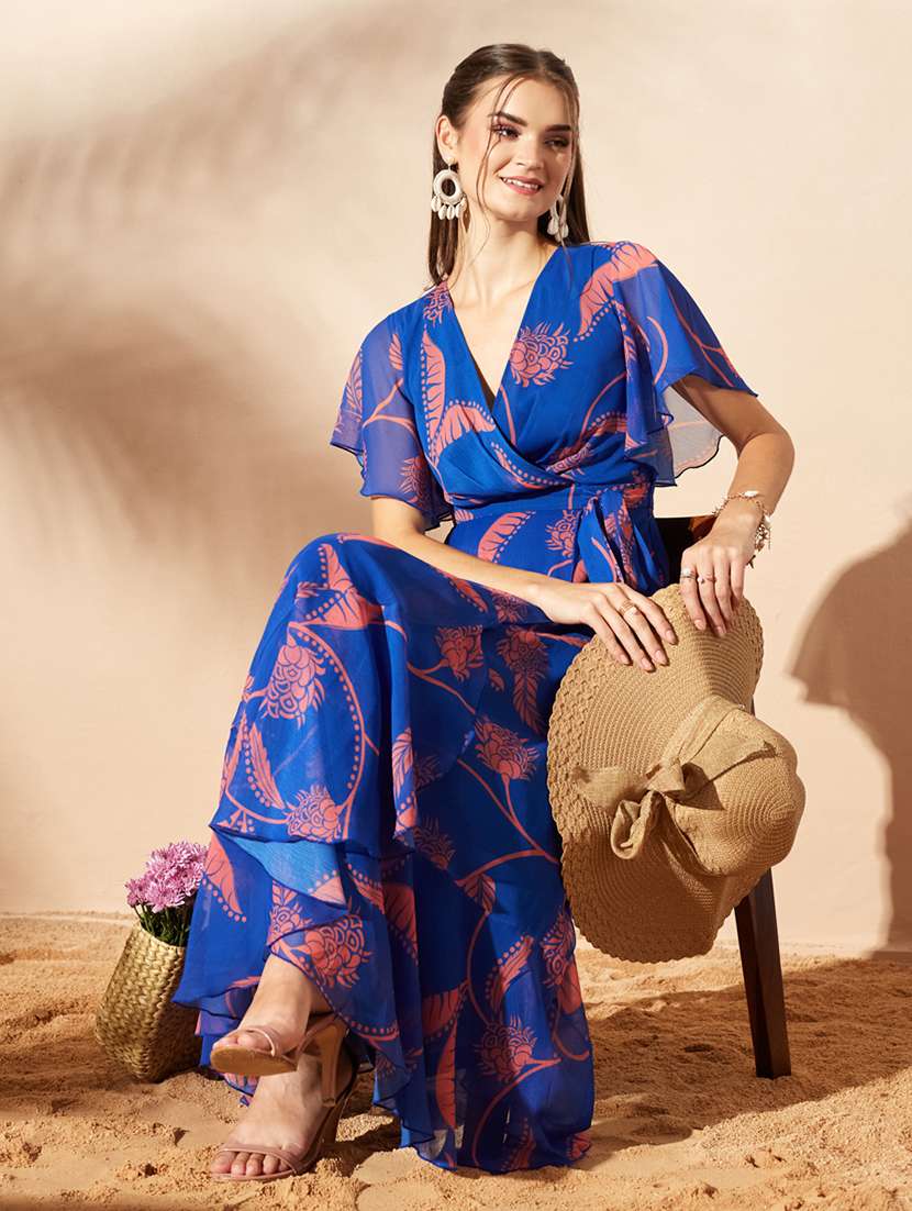 women printed flared sleeves wrap dress