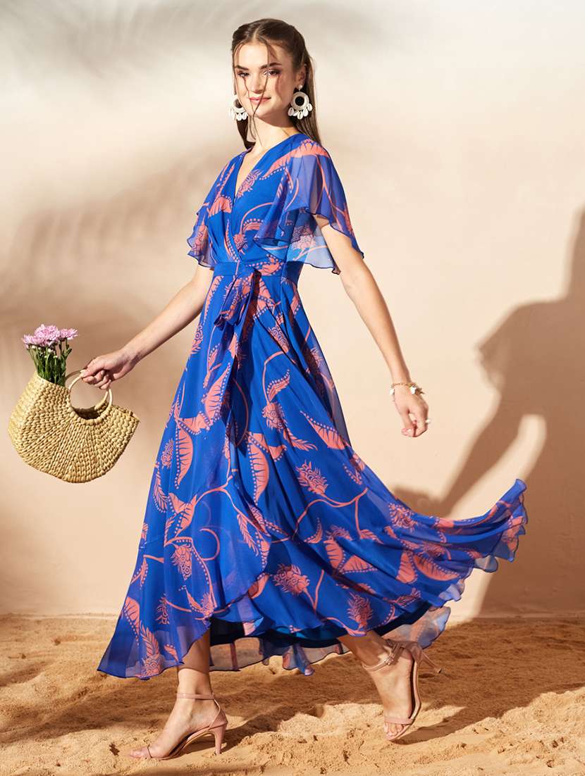 Women Printed Flared Sleeves Wrap Dress - 22577218 -  Standard Image - 5
