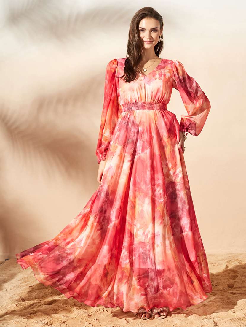 women printed long sleeves fit and flare dress
