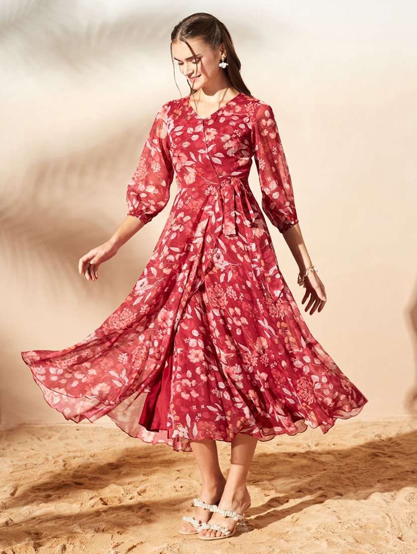 Women Printed Three Quarter Sleeves Wrap Dress - 22577227 -  Standard Image - 3