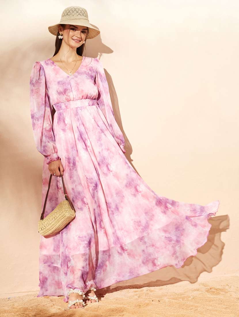 women printed long sleeves fit and flare dress