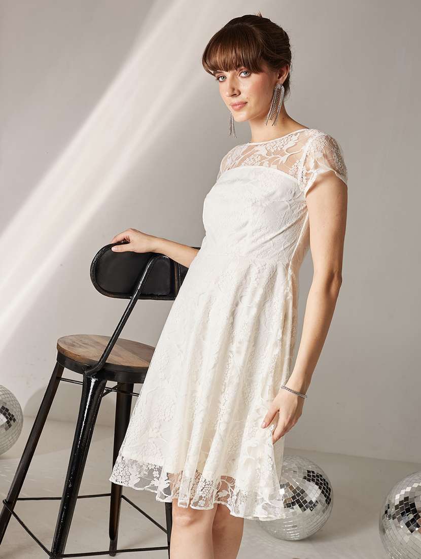 women self design short sleeves fit and flare dress