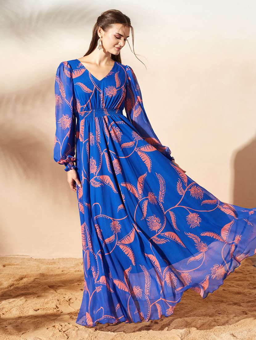 women printed long sleeves fit and flare dress